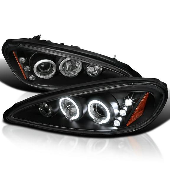 Spec-D Tuning Black Dual LED Halo Projector Headlights Compatible with 1999-2005 Pontiac Grand AM, Left + Right Pair Headlamps Assembly