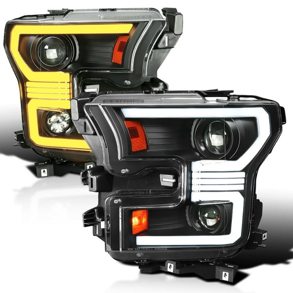 Spec-D Tuning Black Dual Projector Headlights w/ Switchback Sequential LED Tube Signal Compatible with 2015-2017 Ford F150 Left + Right Pair Headlamps Assembly