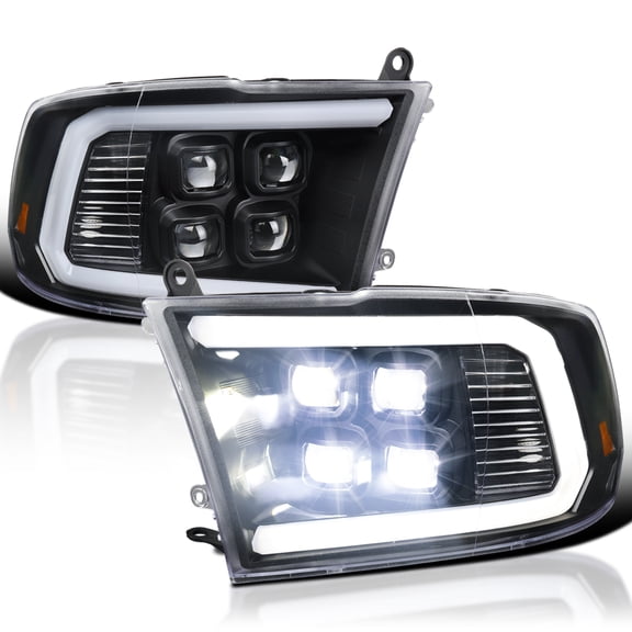 Spec-D Tuning Black Full LED Projector Headlights Compatible with 2009-2018 Dodge Ram 1500, 2500, 3500, 2019-2024 Ram 1500 Classic, Left + Right Pair Headlamp Assemblies