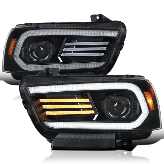 Spec-D Tuning Black HID Projector Headlights w/ Sequential Turn Signal and Dynamic LED DRL with Startup Animation, Compatible with 2011-2014 Dodge Charger, Left + Right Headlamp Assembly