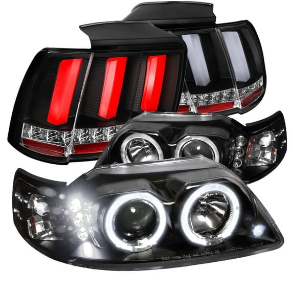 Spec-D Tuning Black Halo LED Projector Headlights + Black Sequential LED Bar Tail Lights Compatible with 1999-2004 Ford Mustang, Left + Right Pair Assemblies