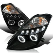Spec-D Tuning Black Halo+LED Projector Headlights Compatible with 2003-2005 Nissan 350Z, Left + Right Pair Headlamps Assembly