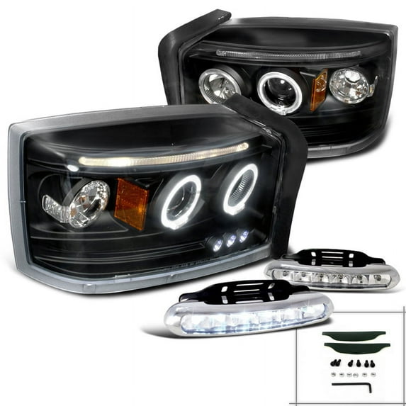Spec-D Tuning Black Halo LED Projector Headlights + LED Fog Lamps Compatible with Dodge Dakota Left + Right Pair Headlamps Assembly