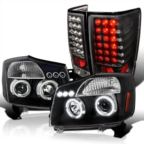 Spec-D Tuning Black Halo LED Projector Headlights + LED Tail Lights Compatible with 2004-2015 Nissan Titan, Left + Right Pair Headlamps Assembly