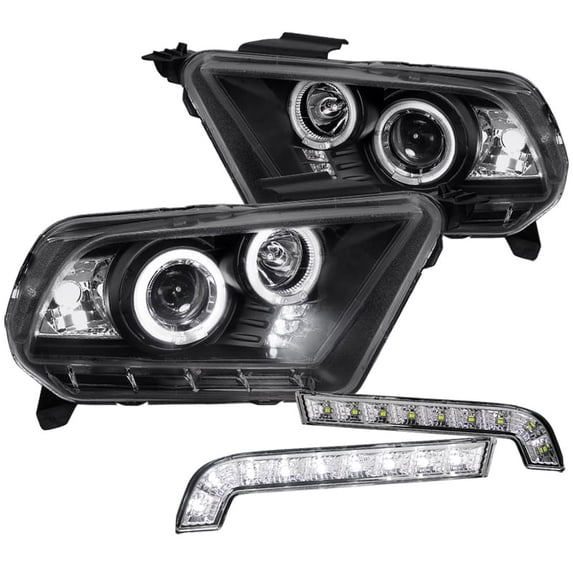 Spec-D Tuning Black Halo LED Projector Headlights + SMD LED Bumper Lights Compatible with 2010-2014 Ford Mustang Left + Right Pair Headlamps Assembly