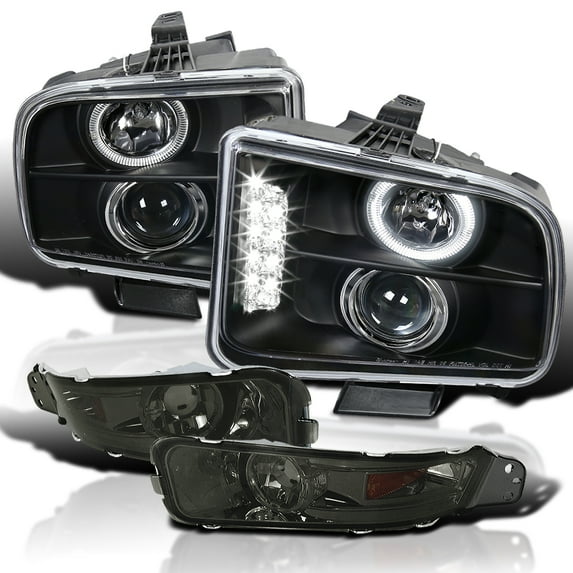 Spec-D Tuning Black Halo LED Projector Headlights + Smoke Bumper Lamps Compatible with 2005-2009 Ford Mustang, Left + Right Pair Headlamps Assembly