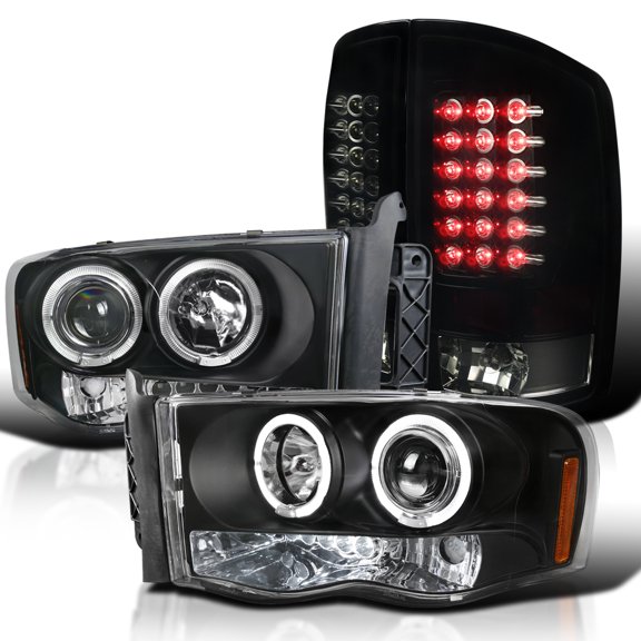 Spec-D Tuning Black Halo Projector Headlights W/ LED Bumper Fog Lamp Compatible with Dodge Ram Left + Right Pair Headlamps Assembly