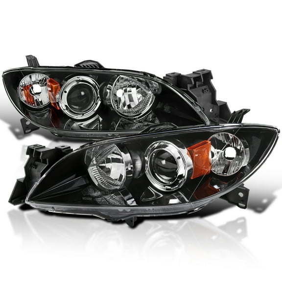 Spec-D Tuning Black Halogen Projector Headlights Compatible with 2004-2009 Mazda 3 4Dr Sedan, Left + Right Pair Headlamps Assembly