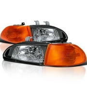 Spec-D Tuning Black Headlights + Amber Corner Lights Compatible with 1992-1995 Honda Civic EG 4Dr Sedan L+R Pair Head Light Lamp Assembly