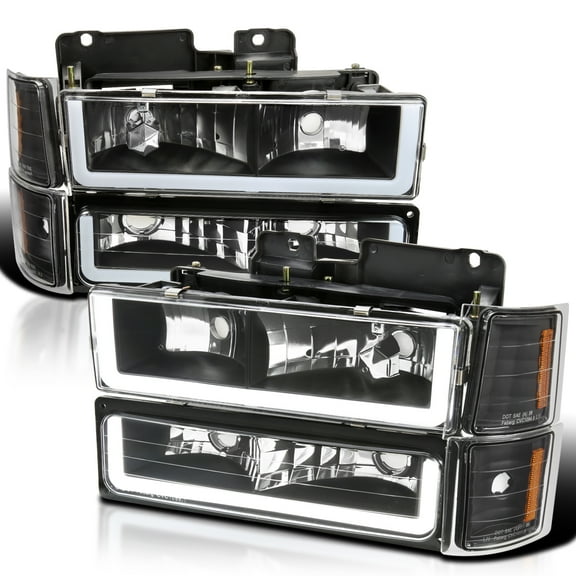Spec-D Tuning Black Headlights + Bumper Lights + Corner Lights w/ LED Tube Compatible with 1994-1998 Chevy C10 C/K 1500/2500/3500, Left + Right Pair Headlamps Assembly