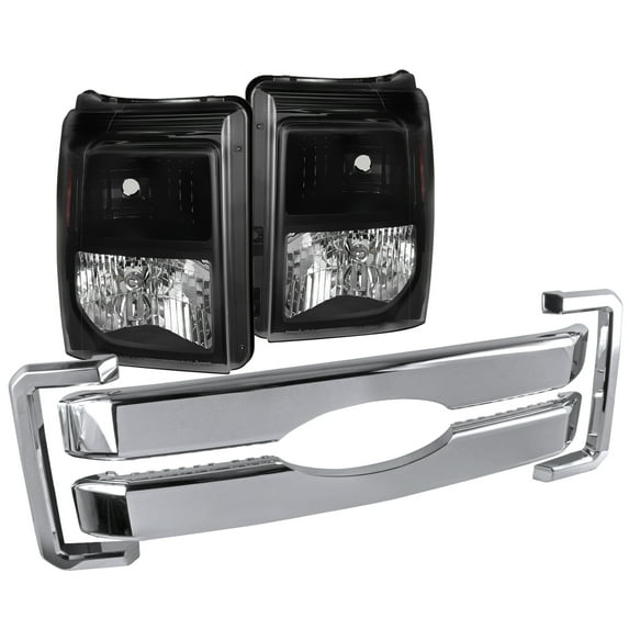 Spec-D Tuning Black Headlights Chrome Grille Overlay Pair Left + Right Compatible with 2011-2016 Ford F-250 Super Duty