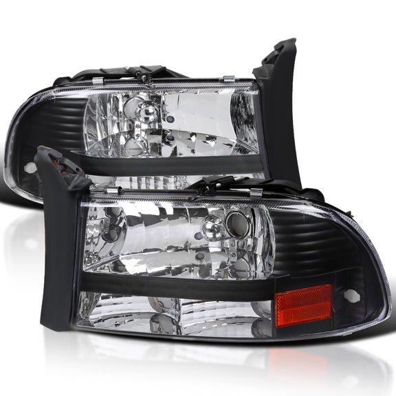 Spec-D Tuning Black Headlights Compatible with 1997-2004 Dodge Dakota, 1998-2003 Dodge Durango, L+R Pair 1PC Style Headlamps Assembly