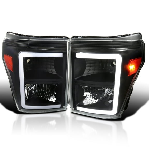 Spec-D Tuning Black Headlights with Dynamic LED Strip Compatible with 2011-2016 Ford F-250, F-350, F-450, F-550 Super Duty, Left + Right Head Lights Assembly