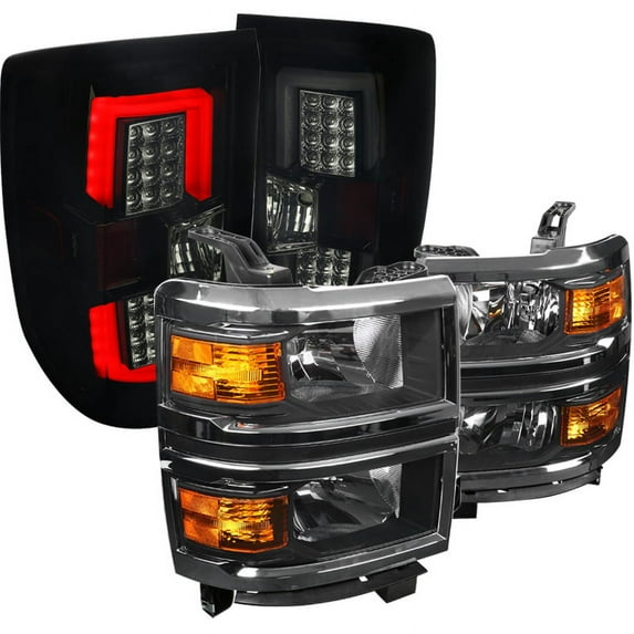 Spec-D Tuning Black Headlights + Glossy Black Led Tail Brake Lights for 2014-2015 Chevy Silverado 1500 Pickup Left + Right Pair