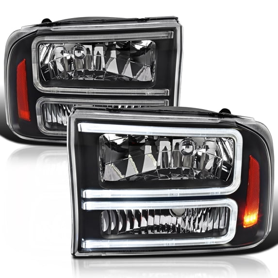 Spec-D Tuning Black Headlights with LED Bar Compatible with 1999-2004 Ford F-250, F-350, F-450 SuperDuty, 2000-2004 Excursion, Left + Right Head Lights Assembly