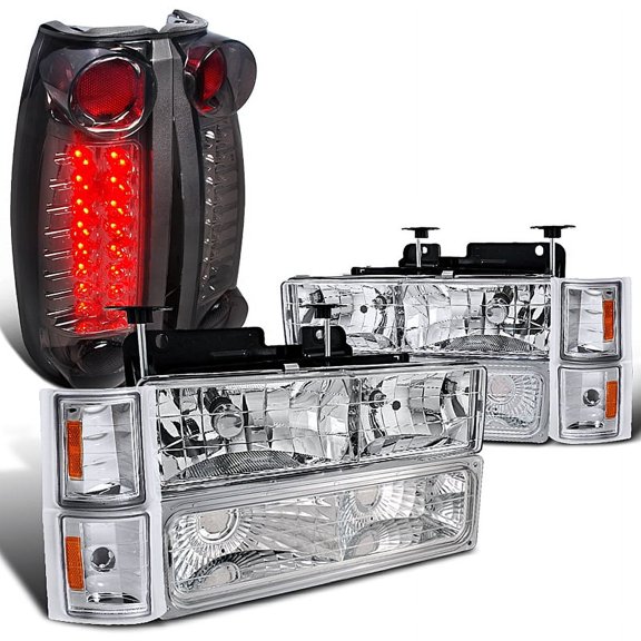 Spec-D Tuning Black Headlights + LED Tail Lamps + Smoke 3rd Brake + Grille Compatible with Chevy Silverado Truck Left + Right Pair Headlamps Assembly