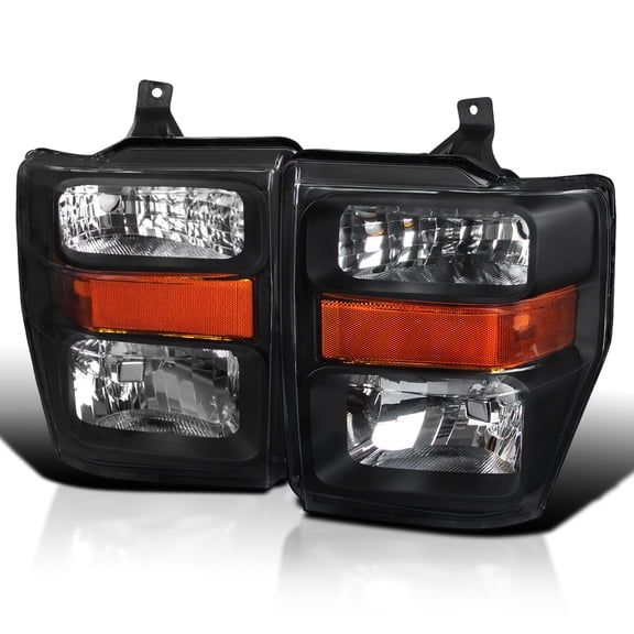 Spec-D Tuning Black Headlights W/ Amber Reflector Compatible with 2008-2010 Ford F250 F350 F450 Super Duty L+R Pair Head Light Lamp Assembly