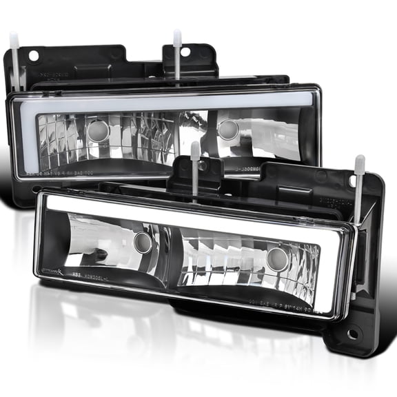 Spec-D Tuning Black Headlights w/ LED Bar Compatible with 1988-1998 GMC Sierra, Chevy C10, Silverado, and C/K 1500/2500/3500. 1994-1999 C/K 1500/2500 Suburban