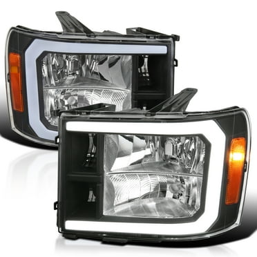 Spec-D Tuning Black Headlights w/ LED Bar Compatible with 2007-2013 GMC Sierra 1500, 2500HD, 3500HD, Left + Right Pair Headlamp Assembly