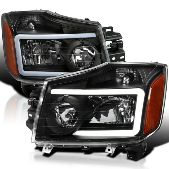 Spec-D Tuning Black Headlights w/LED Light Bar Compatible with 2004-2015 Nissan Titan, 2004-2007 Armada, Left + Right Pair Headlamp Assembly