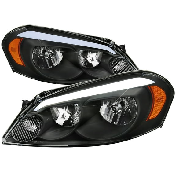 Spec-D Tuning Black Headlights w/ LED Strip Compatible with 2006-2013 Chevy Impala, 2006-2007 Monte Carlo, Left + Right Pair Headlamps Assembly