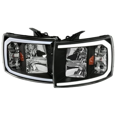 Spec-D Tuning Black Headlights w/ LED Strip Compatible with 2007-2013 Chevy Silverado 1500/2500HD/3500HD, Left + Right Pair Headlamp Assembly