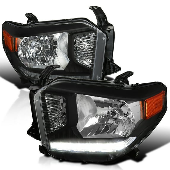 Spec-D Tuning Black Headlights w/ LED Strip Compatible with 2014-2021 Toyota Tundra Pickup L+R Pair Head Light Lamp Assembly