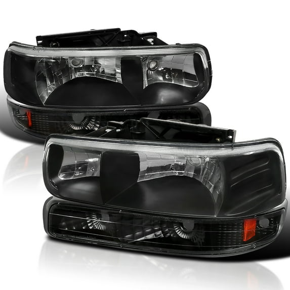 Spec-D Tuning Black Housing Clear Lens Headlights + Bumper Lights Compatible with 1999-2002 Chevy Silverado 2000-2006 Tahoe Suburban, Left + Right Pair Headlamps Assembly