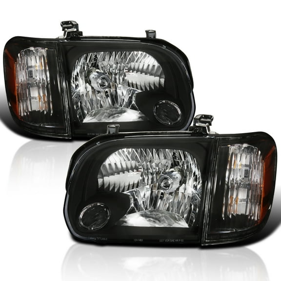 Spec-D Tuning Black Housing Clear Lens Headlights + Corner Lights Compatible with 2005-2006 Toyota Tundra Double Cab Base SR5 Limited, 2005-2007 Sequoia, L+R Pair Head Light Lamp Assembly