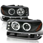 Spec-D Tuning Black Housing Clear Lens LED Halo Projector Headlights + Bumper Lights Compatible with 1999-2006 GMC Sierra 1500/2500/3500, Left + Right Pair Headlamps Assembly