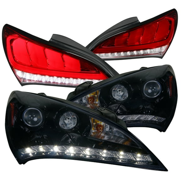 Spec-D Tuning Black Housing Smoke Lens Projector Headlights R8 Style LED + Red Lens Sequential LED Bar Tail Lights Compatible with 2010-2012 Hyundai Genesis Left + Right Pair Headlamps Assembly
