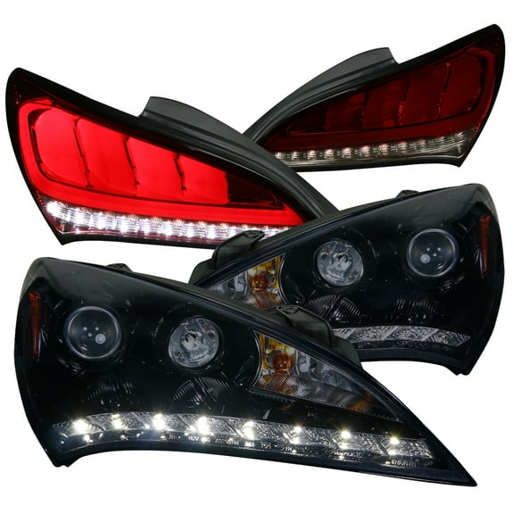 Spec-D Tuning Black Housing Smoke Lens Projector Headlights R8 Style LED + Red Smoke Lens Sequential LED Bar Tail Lights Compatible with 2010-2012 Hyundai Genesis Left + Right Pair Headlamps Assembly