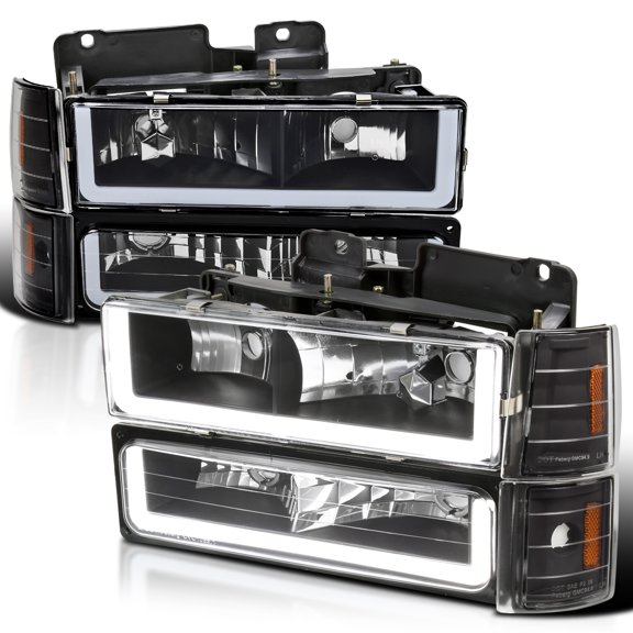 Spec-D Tuning Black LED Bar Headlights + Bumper Lamps + Corner Lights Compatible with 1994-1998 GMC C10 C/K 1500 Suburban Yukon, Left + Right Pair Headlamps Assembly