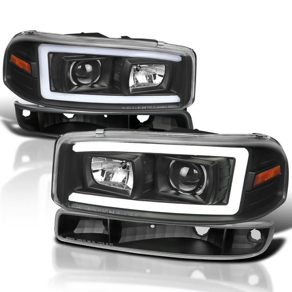 Spec-D Tuning Black LED Bar Projector Headlights + Bumper Lights Compatible with 1999-2006 GMC Sierra 1500/2500/3500, Left + Right Pair Headlamps Assembly