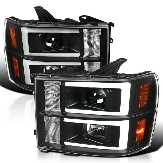 Spec-D Tuning Black LED Bar Projector Headlights Compatible with 2007-2013 GMC Sierra Models 1500 1500HD 2500HD 3500HD, Left + Right Pair Headlamps Assembly