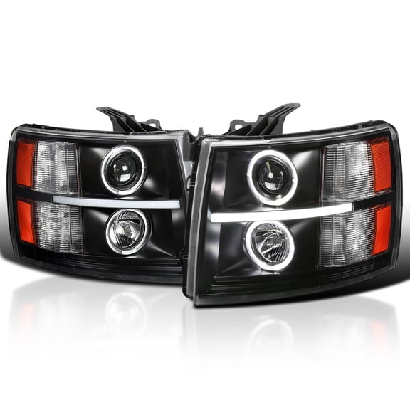 Spec-D Tuning Black LED Dual Halo Projector Headlights Compatible with 2007-2013 Chevy Silverado 1500, 2007-2014 Silverado 2500 3500, Left + Right Pair Headlamps Assembly