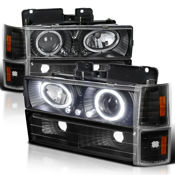 Spec-D Tuning Black LED Halo Projector Headlights + Bumper Lights + Corner Compatible with 1994-1998 GMC C/K C10, Sierra, Yukon, Suburban Left + Right Pair Headlamps Assembly