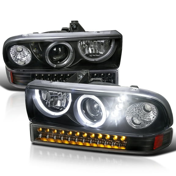 Spec-D Tuning Black LED Halo Projector Headlights + LED Bumper Lights Compatible with 1998-2004 Chevy S10 Pickup, 1998-2004 Chevy Blazer, Left + Right Pair Headlamps Assembly