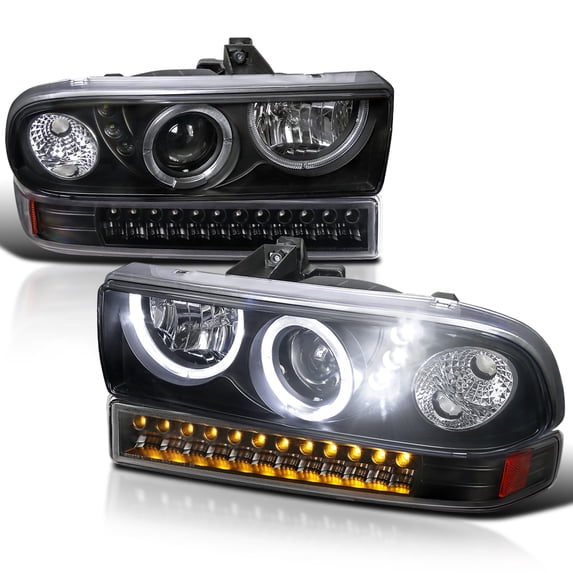 Spec-D Tuning Black LED Halo Projector Headlights + LED Bumper Lights Compatible with 1998-2004 Chevy S10 Pickup, 1998-2004 Chevy Blazer, Left + Right Pair Headlamps Assembly