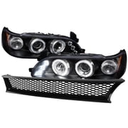 Spec-D Tuning Black LED Halo Projector Headlights + Mesh Hood Grille Compatible with 1993-1997 Toyota Corolla Left + Right Pair Headlamps Assembly
