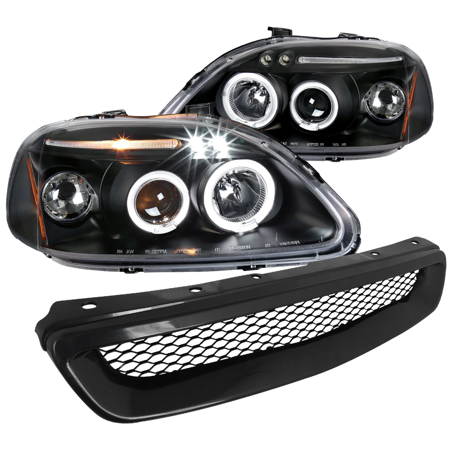 Spec-D Tuning Black LED Halo Projector Headlights Type R Style Grille Compatible with 1996-1998 Honda Civic Left  Right Pair Headlamps Assembly