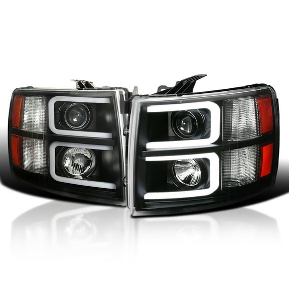 Spec-D Tuning Black LED Tube Projector Headlights Compatible with 2007-2013 Chevy Silverado 1500, 2007-2014 Chevy Silverado 2500HD / 3500HD, Left + Right Pair Headlamps Assembly