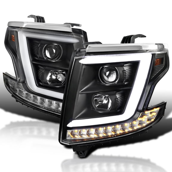 Spec-D Tuning Black LED Light Bar Projector Headlights Lamps Compatible with 2015-2020 Chevy Tahoe, Suburban, Left + Right Pair Headlamps Assembly