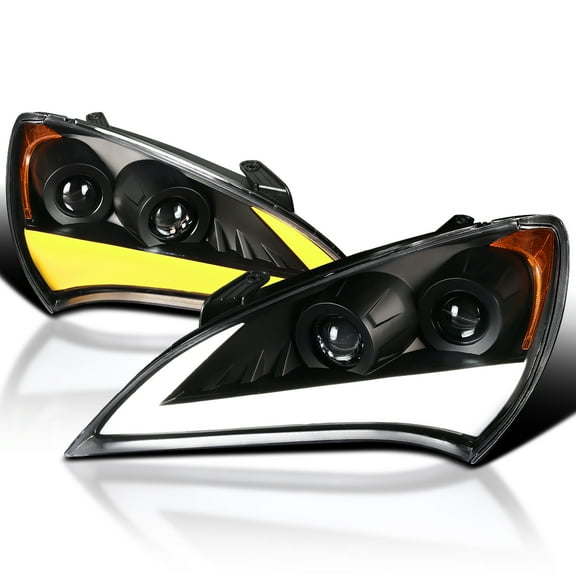 Spec-D Tuning Black LED Light Bar Projector Headlights w/ Sequential Turn Signal Compatible with 2010-2012 Hyundai Genesis Coupe, Left + Right Pair Headlamps Assembly