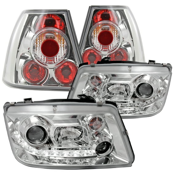 Spec-D Tuning Black LED Light Bar + Signal Projector Headlights + 8-LED Bumper Compatible with Volkswagen Jetta Left + Right Pair Headlamps Assembly