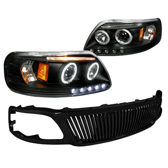 Spec-D Tuning Black LED Projector Halo Headlights Compatible with 1993-2003 Ford F150 1999-2002 Expedition Front Grill Left + Right Pair Headlamps Assembly