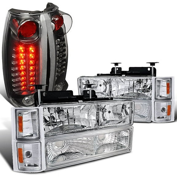 Spec-D Tuning Black LED Projector Headlight + Grille + Tail 3rd Brake Lamps Compatible with Chevy Silverado Left + Right Pair Headlamps Assembly