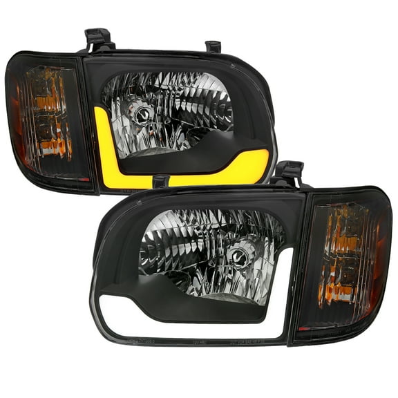 Spec-D Tuning Black LED Switchback Sequential Headlights + Corner Lights Compatible with 2005-2006 Toyota Tundra, Left + Right Pair Headlamp Assembly