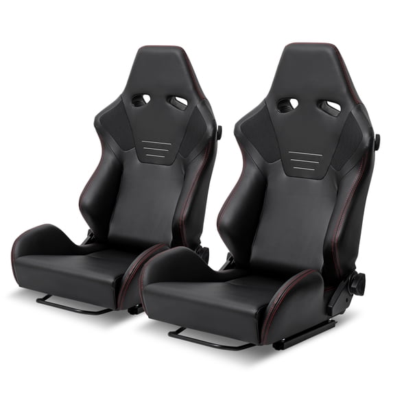 Spec-D Tuning Black Nappa Style PU Leather, Fully Reclinable Racing Seat w/Dual Sliders Compatible, Left + Right Pair, 2 Seats