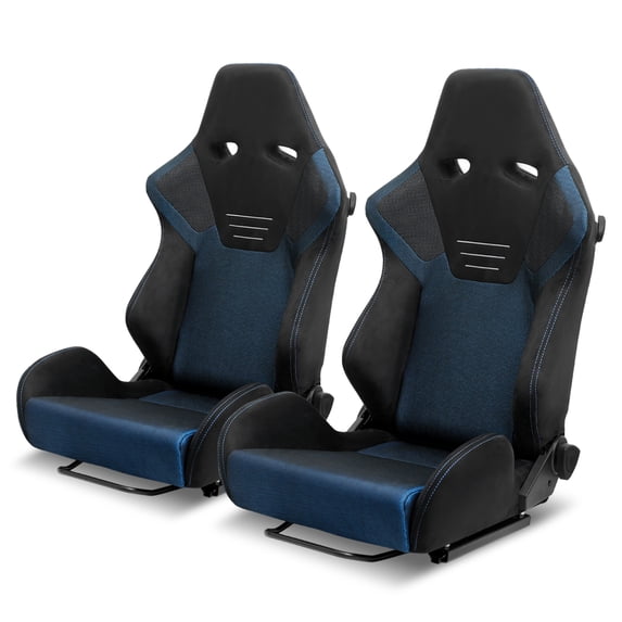 Spec-D Tuning Black Premium Suede, Blue Mesh Fabric, Fully Reclinable Racing Seats w/Dual Sliders, 4 Point Harness Compatible, Left + Right Pair 2 Seats